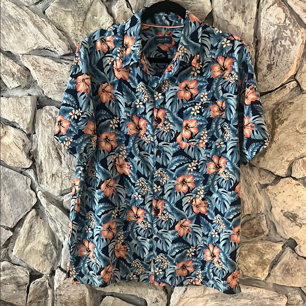 Blue Casual Button Down Tropical Shirt with Floral Design